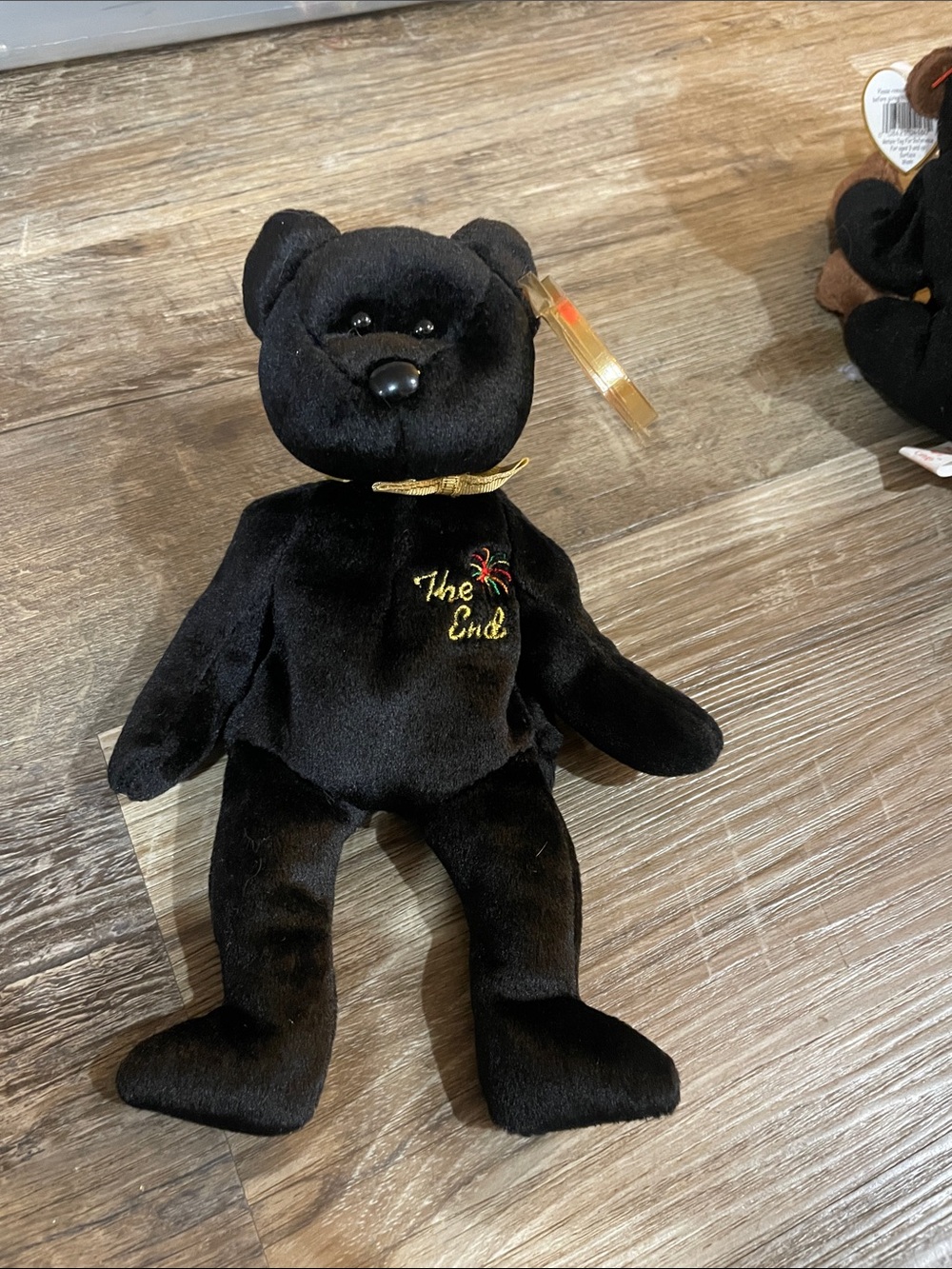 Ty Black Plush Bear with Gold Ribbon and Embroidered 'The End'